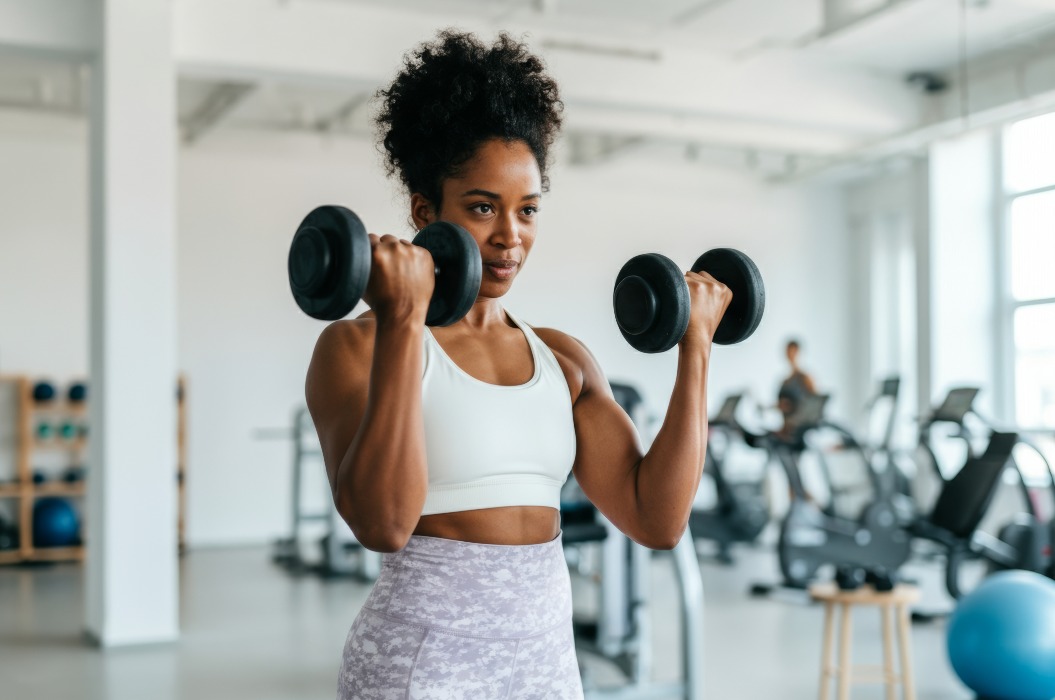 Focused woman lifting dumbbells in gym for strength training and fitness