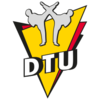 Logo mit zwei kämpfenden Figuren, Buchstaben "DTU", Gelb-Rot-Schwarz, dynamisches Design.