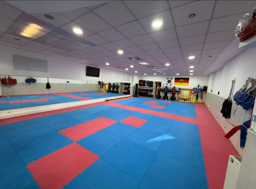 Ein leerer Trainingsraum mit roten und blauen Matten und Spiegeln an der linken Wand.