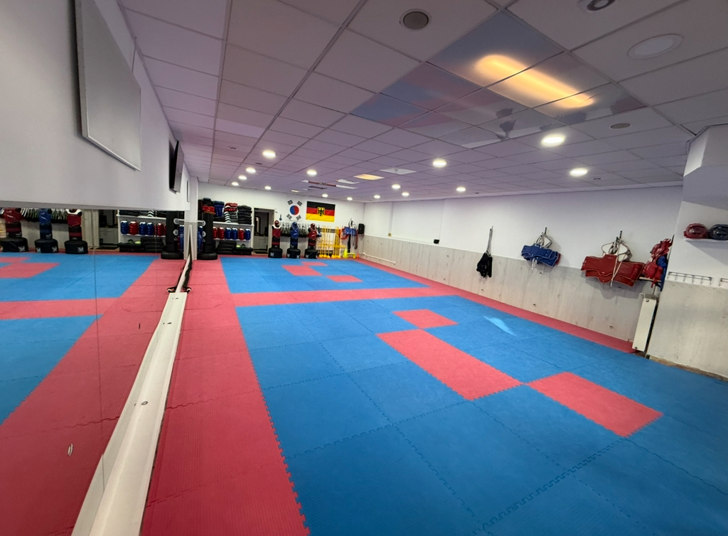 Trainingsraum mit roten und blauen Matten, Spiegelwand und verschiedenen Sportausrüstungen.